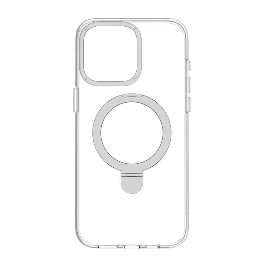 Clear phone case with ring holder on a white background