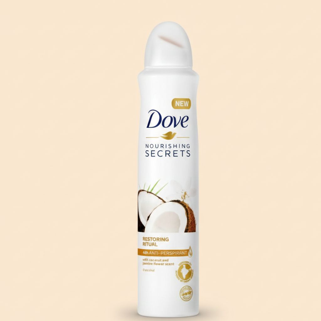 Dove Nourishing Secrets deodorant spray on a beige background