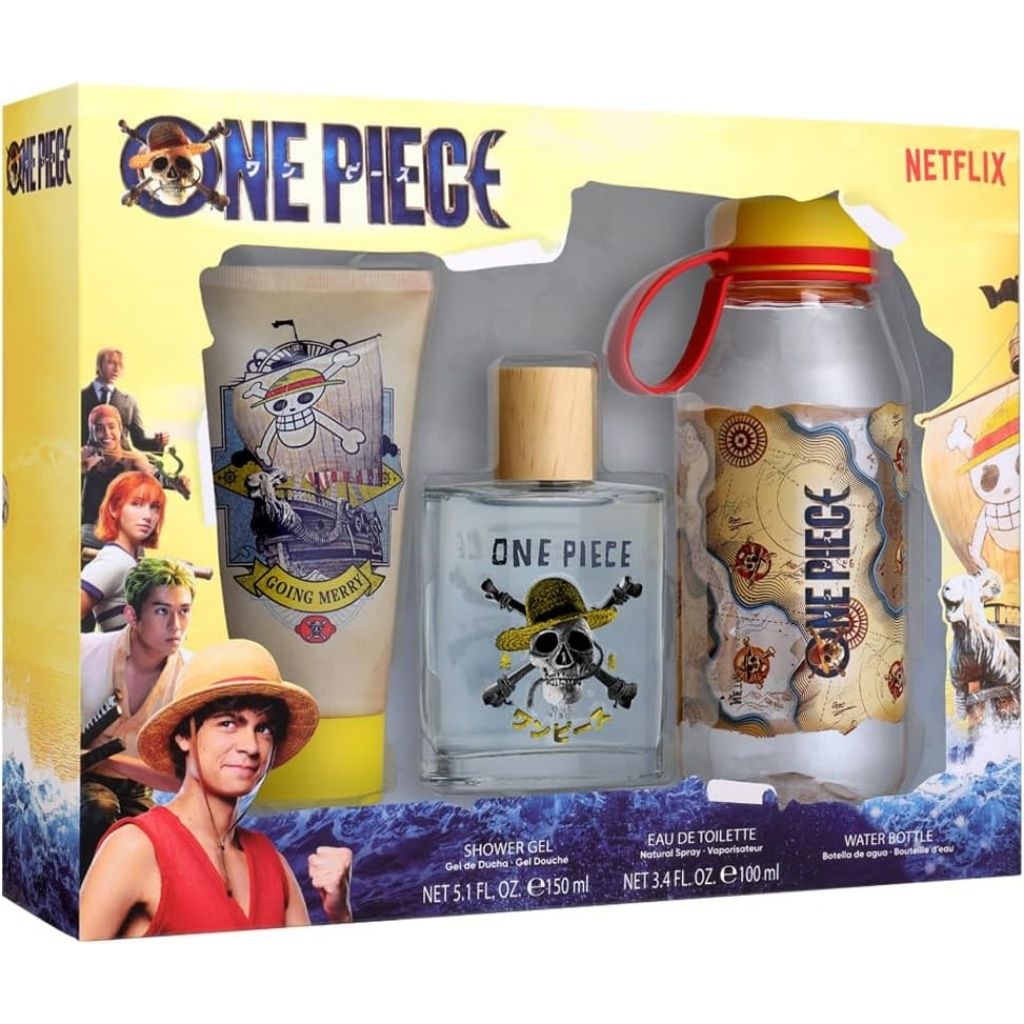 One Piece-themed product set including a bottle, shower gel, and water bottle with character illustrations on a yellow background.