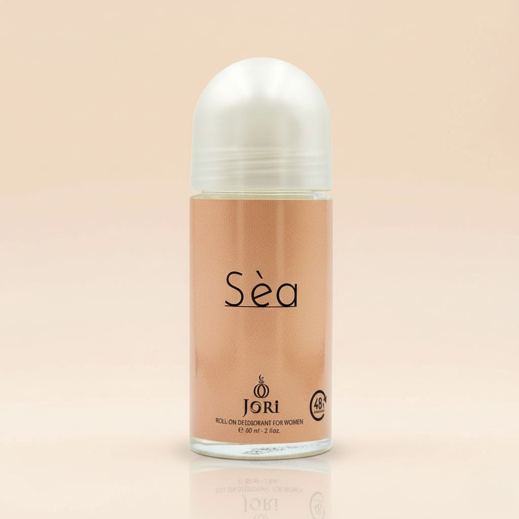 Roll-on deodorant bottle with 'Jori' branding on a beige background