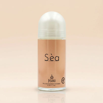 Roll-on deodorant bottle with 'Jori' branding on a beige background