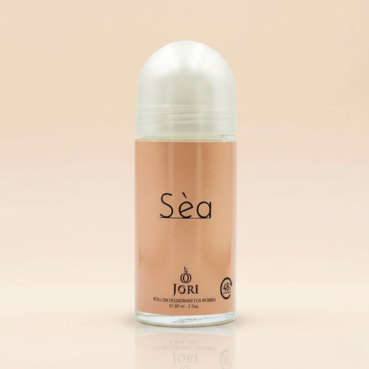 Roll-on deodorant bottle with 'Jori' branding on a beige background
