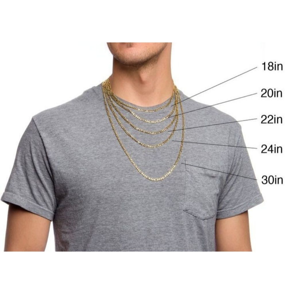 Man wearing gold necklaces of different lengths on a gray t-shirt with measurements indicated.