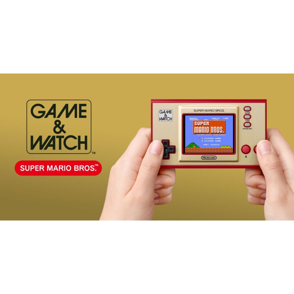 Handheld Game & Watch with Super Mario Bros. on a gold background