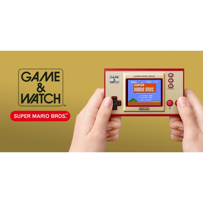 Handheld Game & Watch with Super Mario Bros. on a gold background