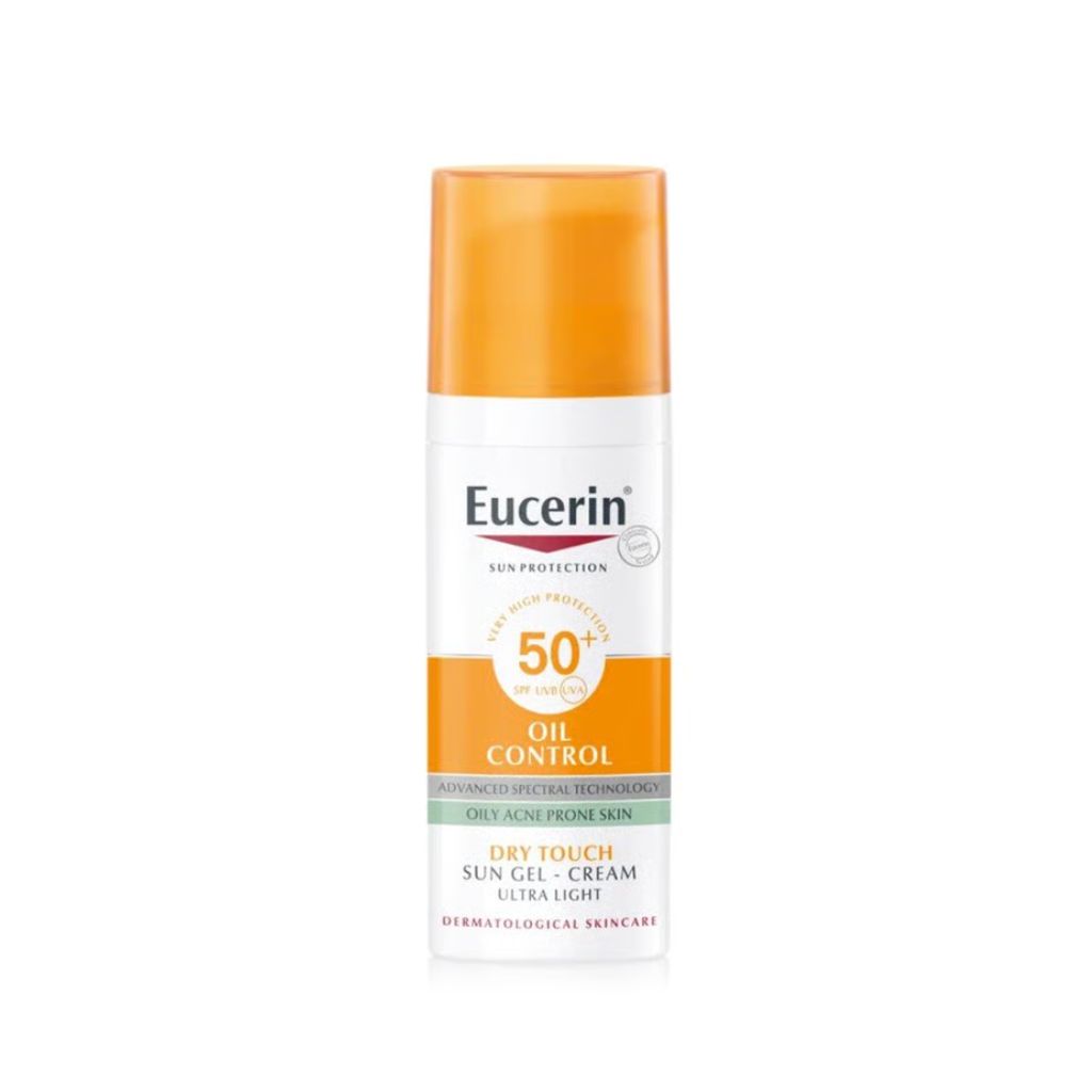 Eucerin sun protection cream bottle on a white background