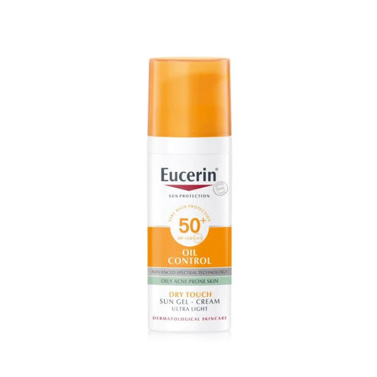 Eucerin sun protection cream bottle on a white background