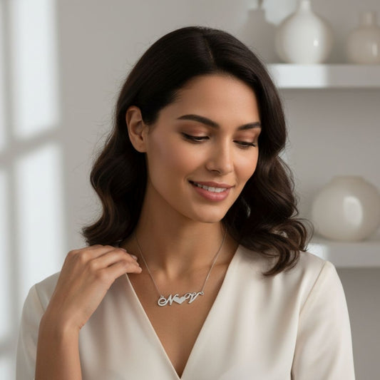 Woman wearing a necklace with a blurred background