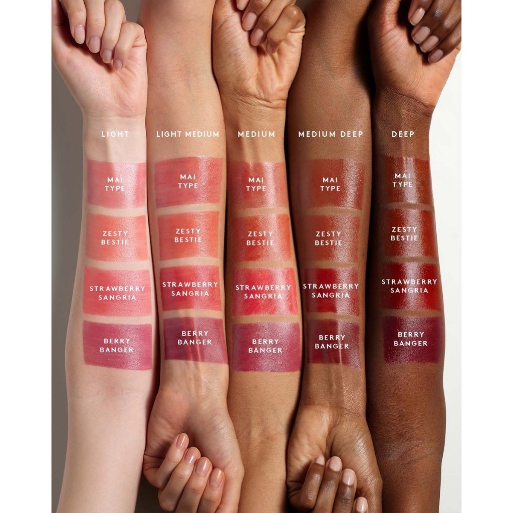 Lipstick swatches on different skin tones with brand names.