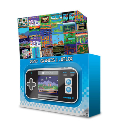 Handheld gaming console with 220 games on a colorful box design.