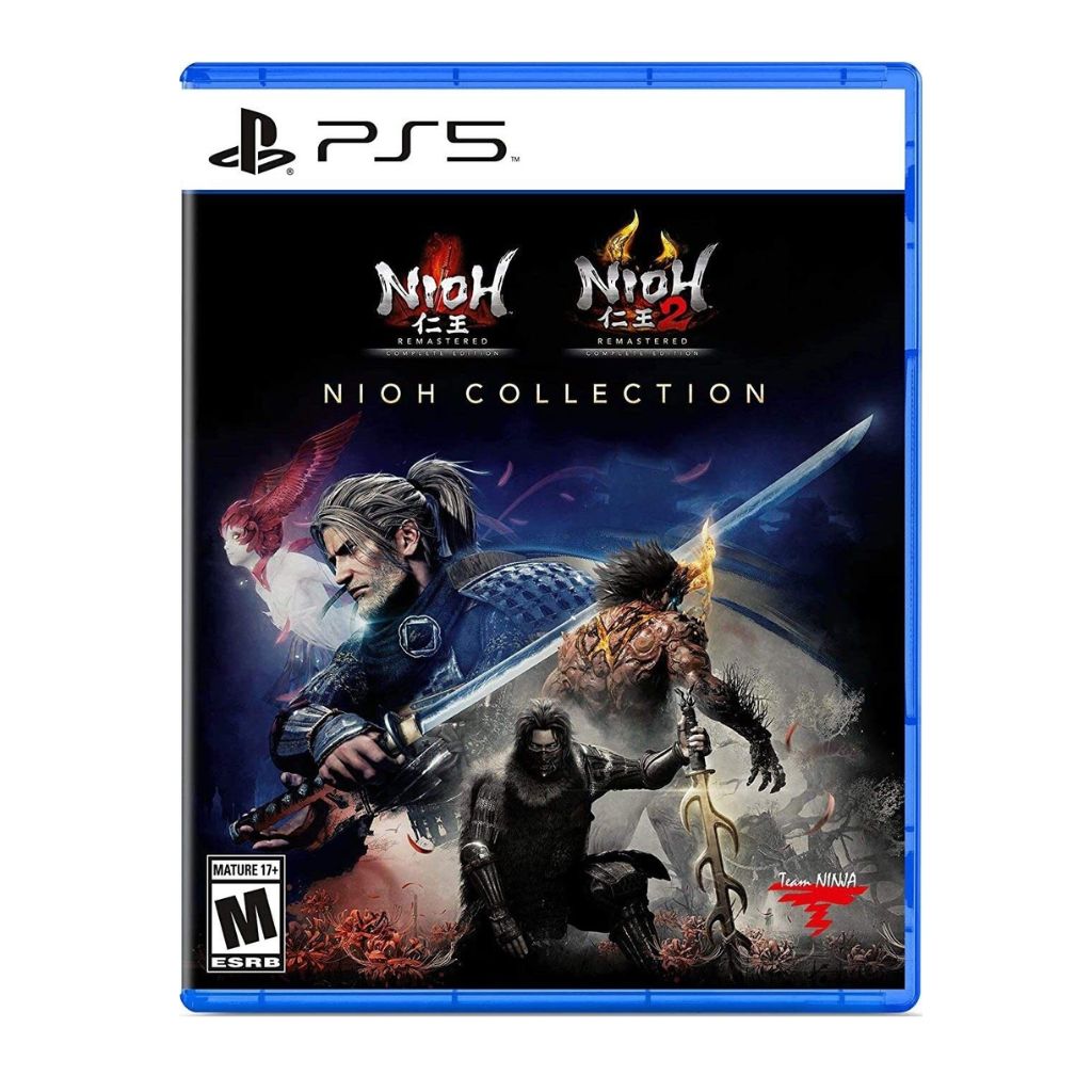 PS5 game disc for 'Nioh Collection' with characters and weapons on a dark background