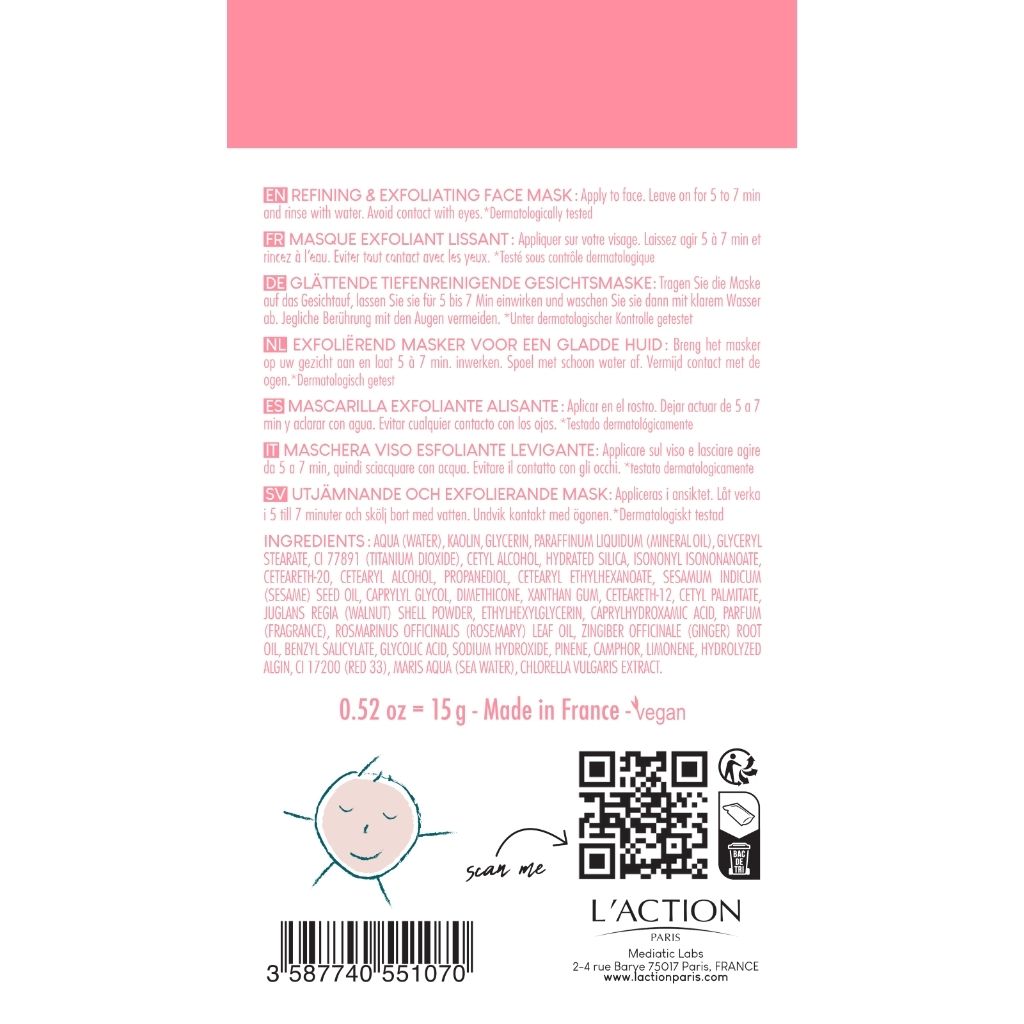 Back of a skincare product packaging with text, QR code, and branding.