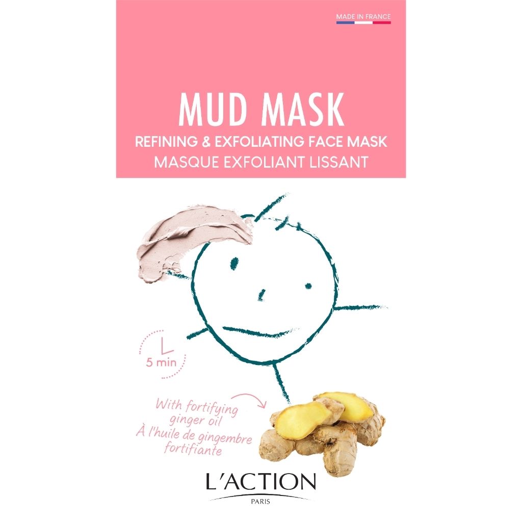 L'Action Paris mud mask packaging with a cartoon face and ginger root illustration on a white background.