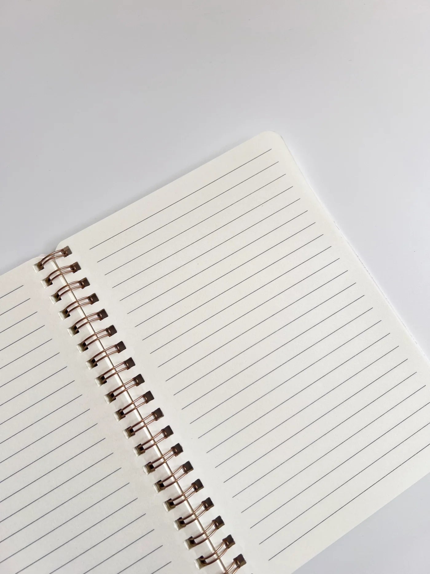Open notebook with lined pages and a metal spiral binding on a light gray background