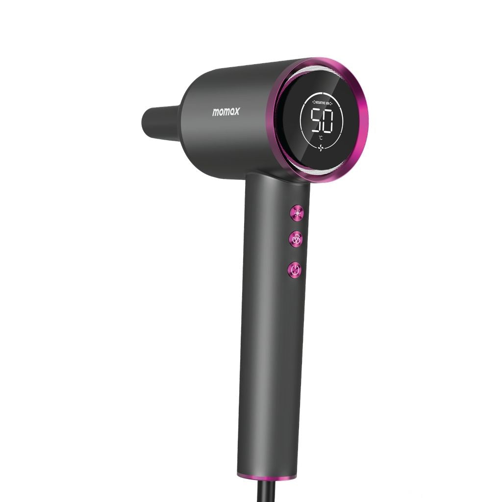 Black and pink hair dryer with digital display on a white background