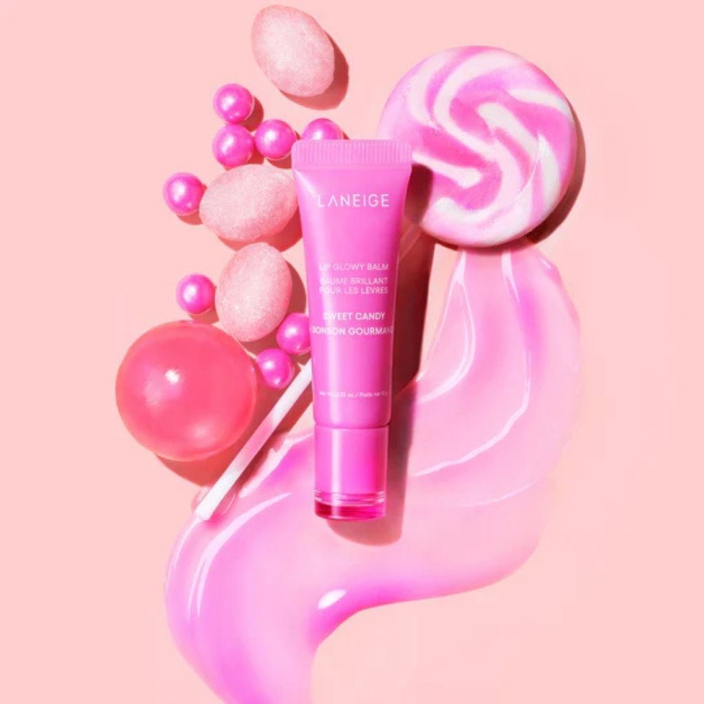 Pink Laneige skincare product with decorative elements on a pink background
