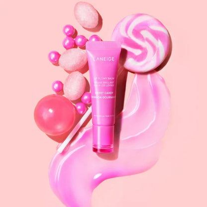 Pink Laneige skincare product with decorative elements on a pink background