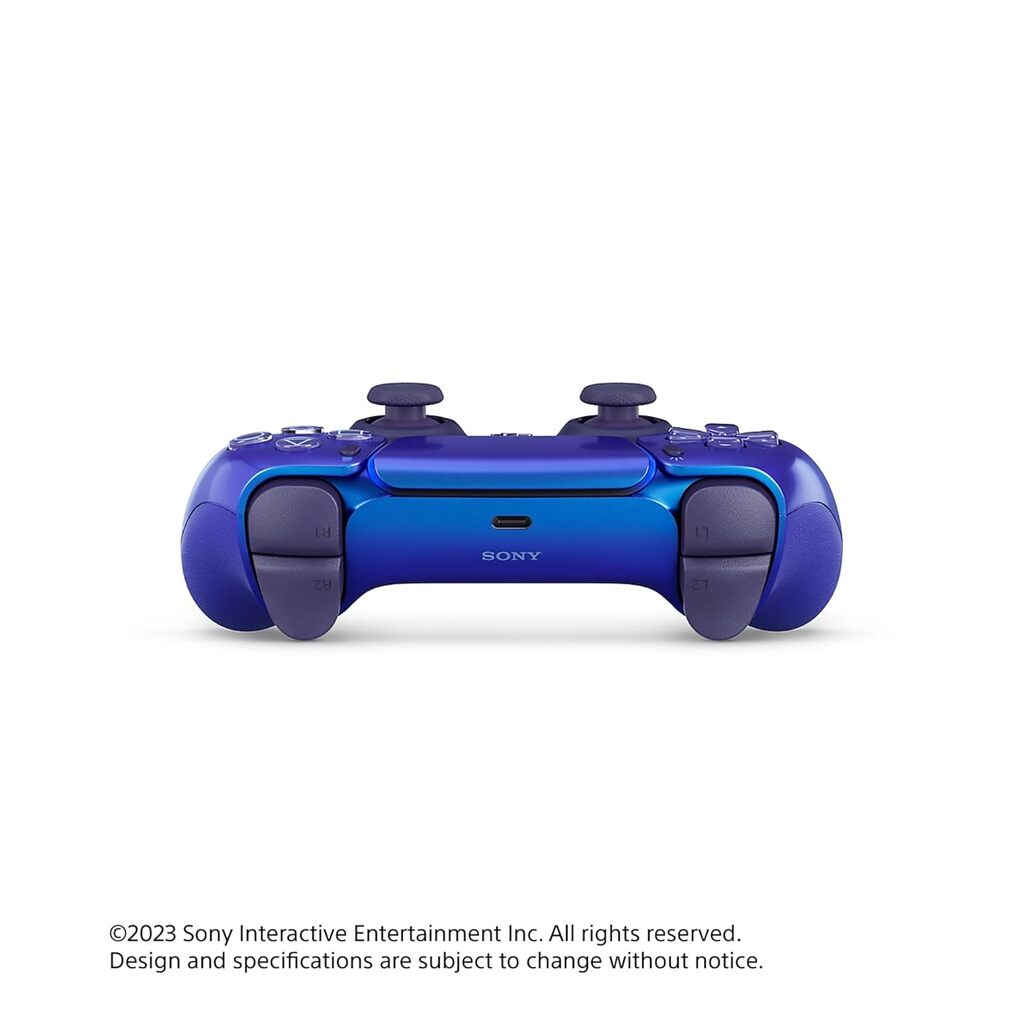 Blue gaming controller with Sony logo on a white background