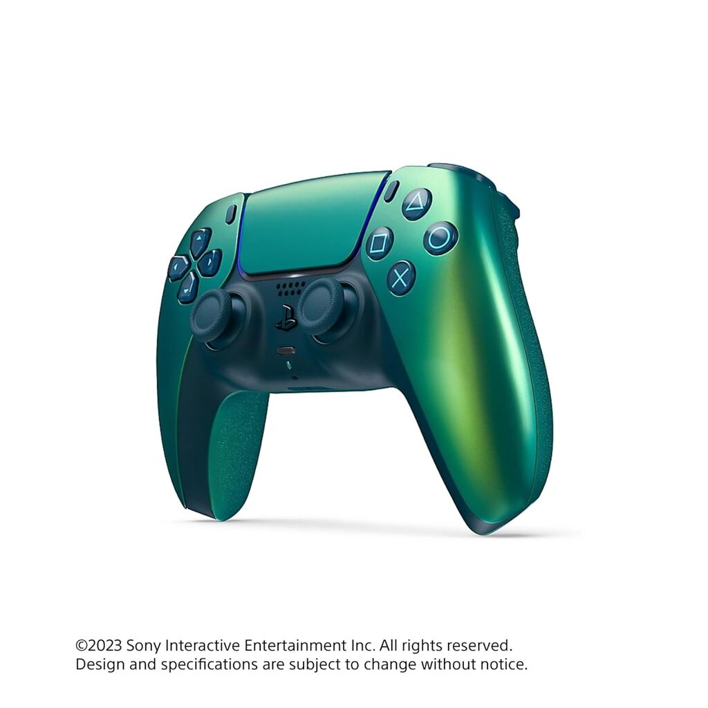 Green gaming controller on a white background with Sony Interactive Entertainment Inc. branding.