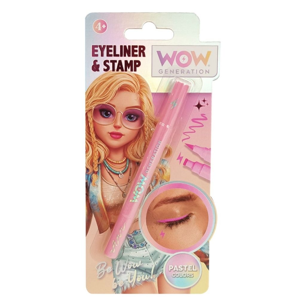 Eyeliner and stamp set packaging with a doll illustration on a white background