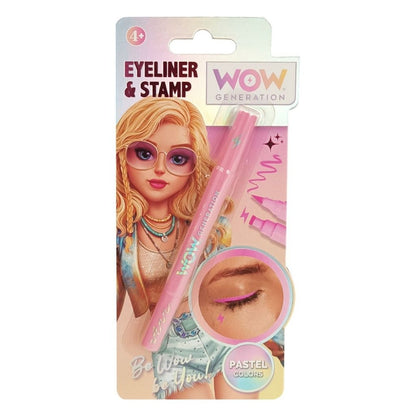 Eyeliner and stamp set packaging with a doll illustration on a white background