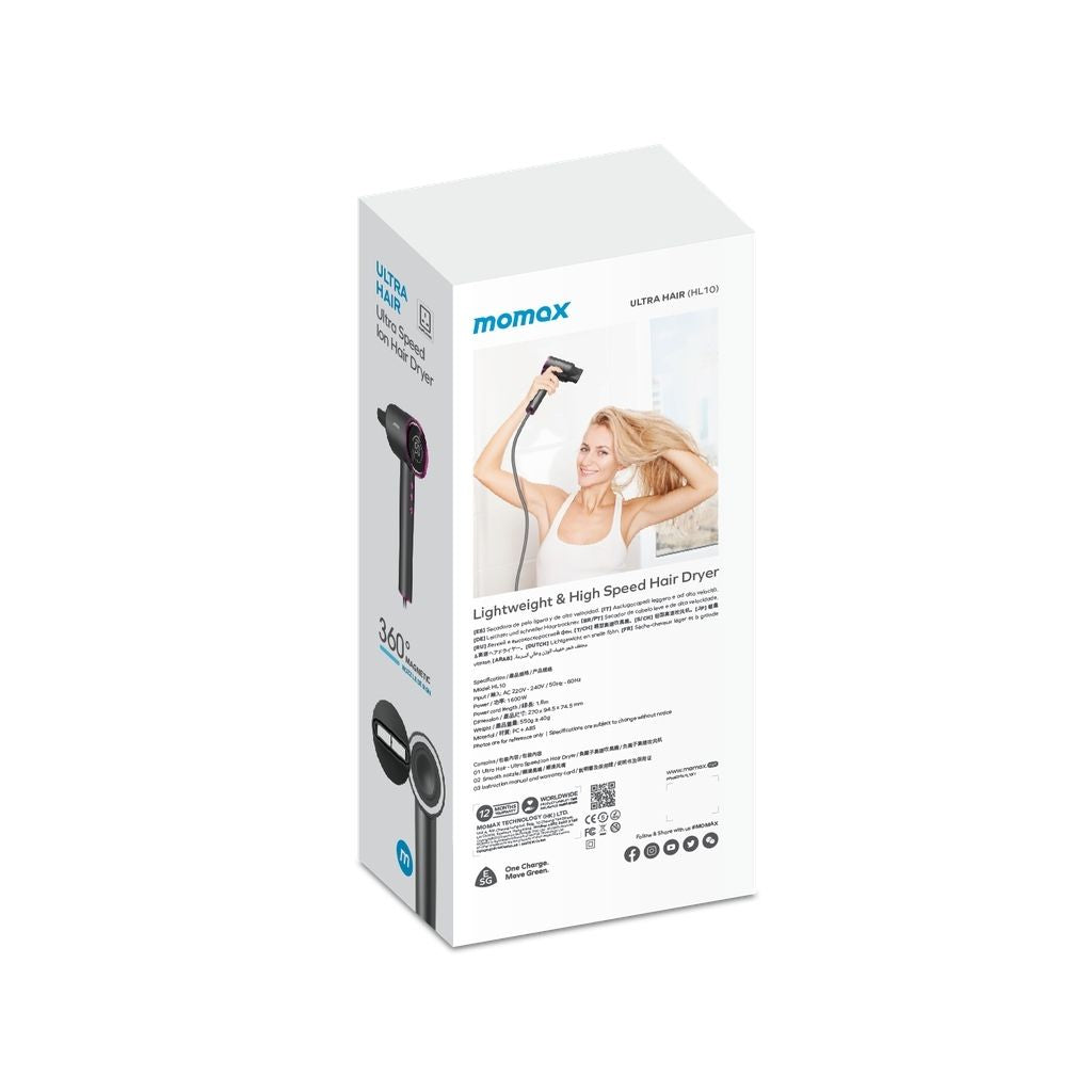 Momax hair dryer packaging on a white background