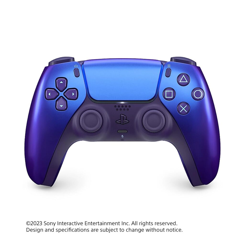 Blue gaming controller with purple accents on a white background