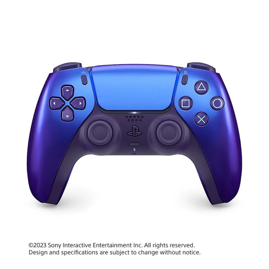 Blue gaming controller with purple accents on a white background