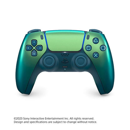 Glossy green and blue gaming controller on a white background