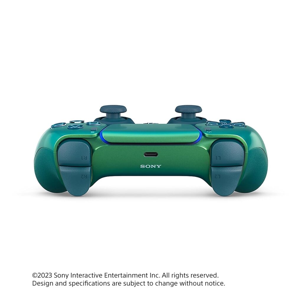 Green Sony gaming controller on a white background