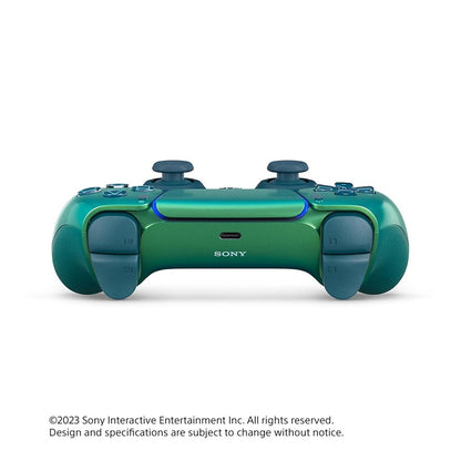Green Sony gaming controller on a white background