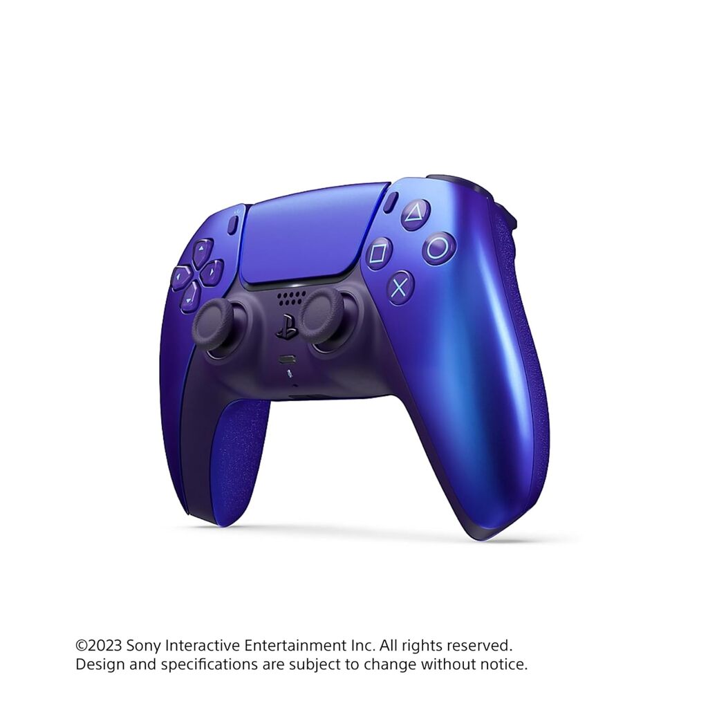 Blue gaming controller on a white background with Sony Interactive Entertainment Inc. branding.
