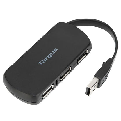 Black USB hub with multiple ports and a cable on a white background, featuring Targus branding.