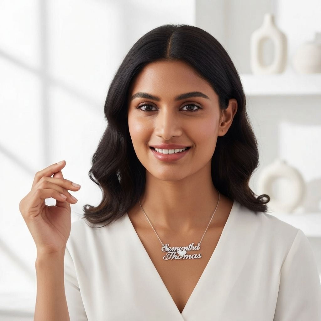 Tiny Heart In Center Double Name Necklace