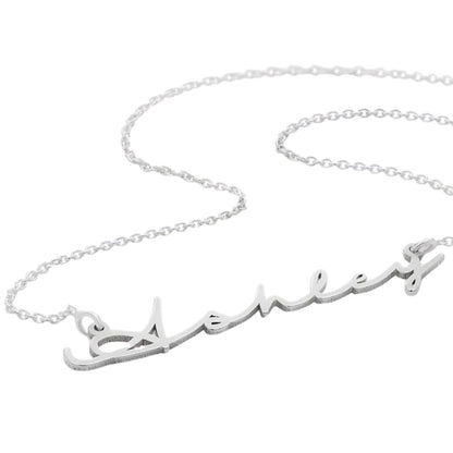 Silver necklace with 'Eloise' pendant on a white background