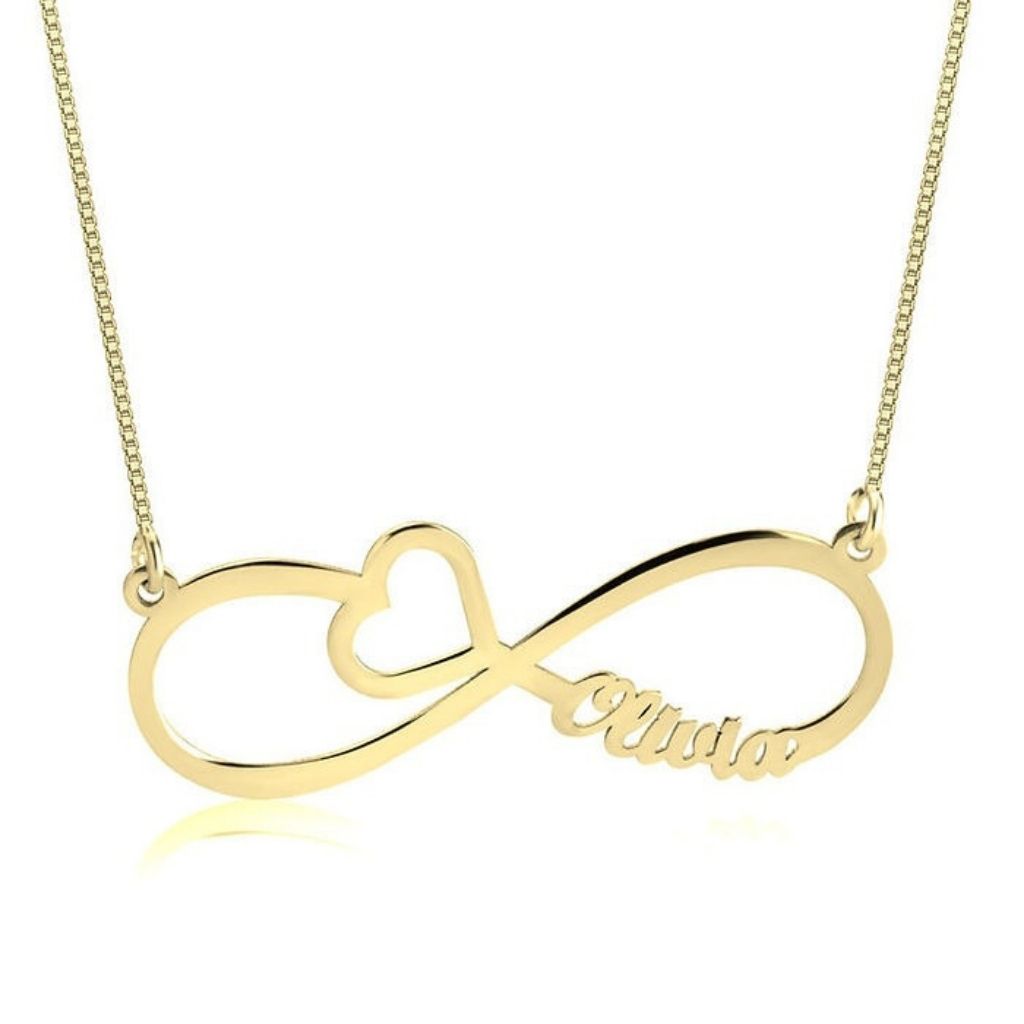 Gold infinity necklace with 'Alivia' engraved on a white background