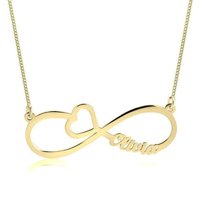 Gold infinity necklace with 'Alivia' engraved on a white background