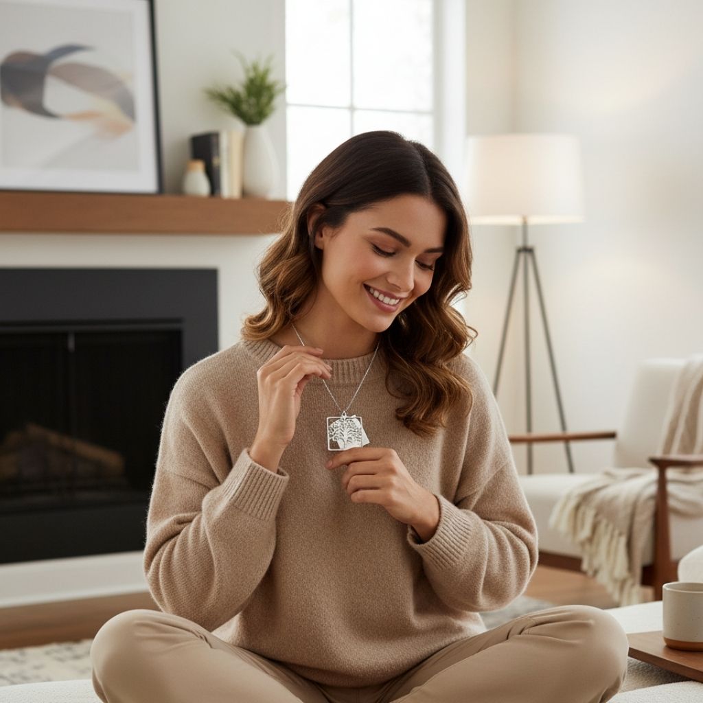 Woman sitting in a cozy living room holding a necklace with a pendant.