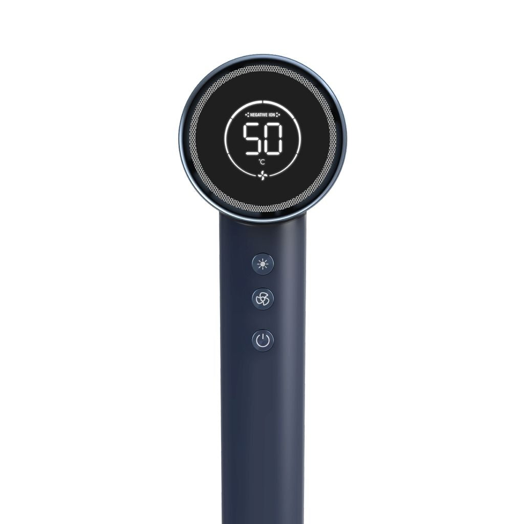 Black handheld device with digital display and control buttons on a white background