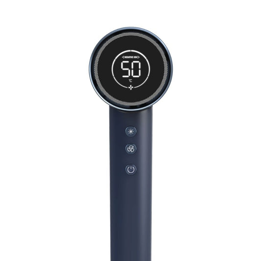 Black handheld device with digital display and control buttons on a white background