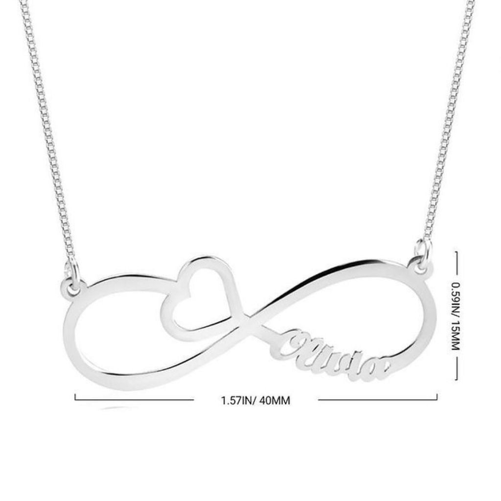 Silver necklace with an infinity symbol and 'Alivia' engraving on a white background