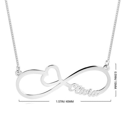 Silver necklace with an infinity symbol and 'Alivia' engraving on a white background