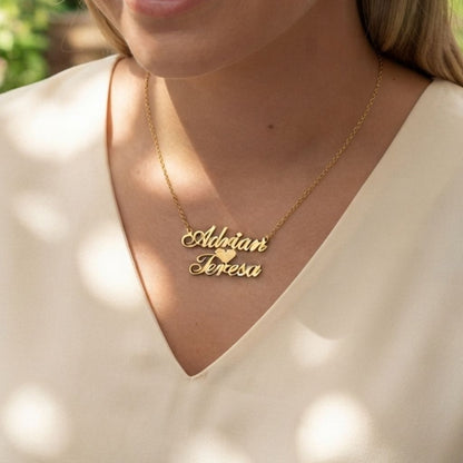 Tiny Heart In Center Double Name Necklace