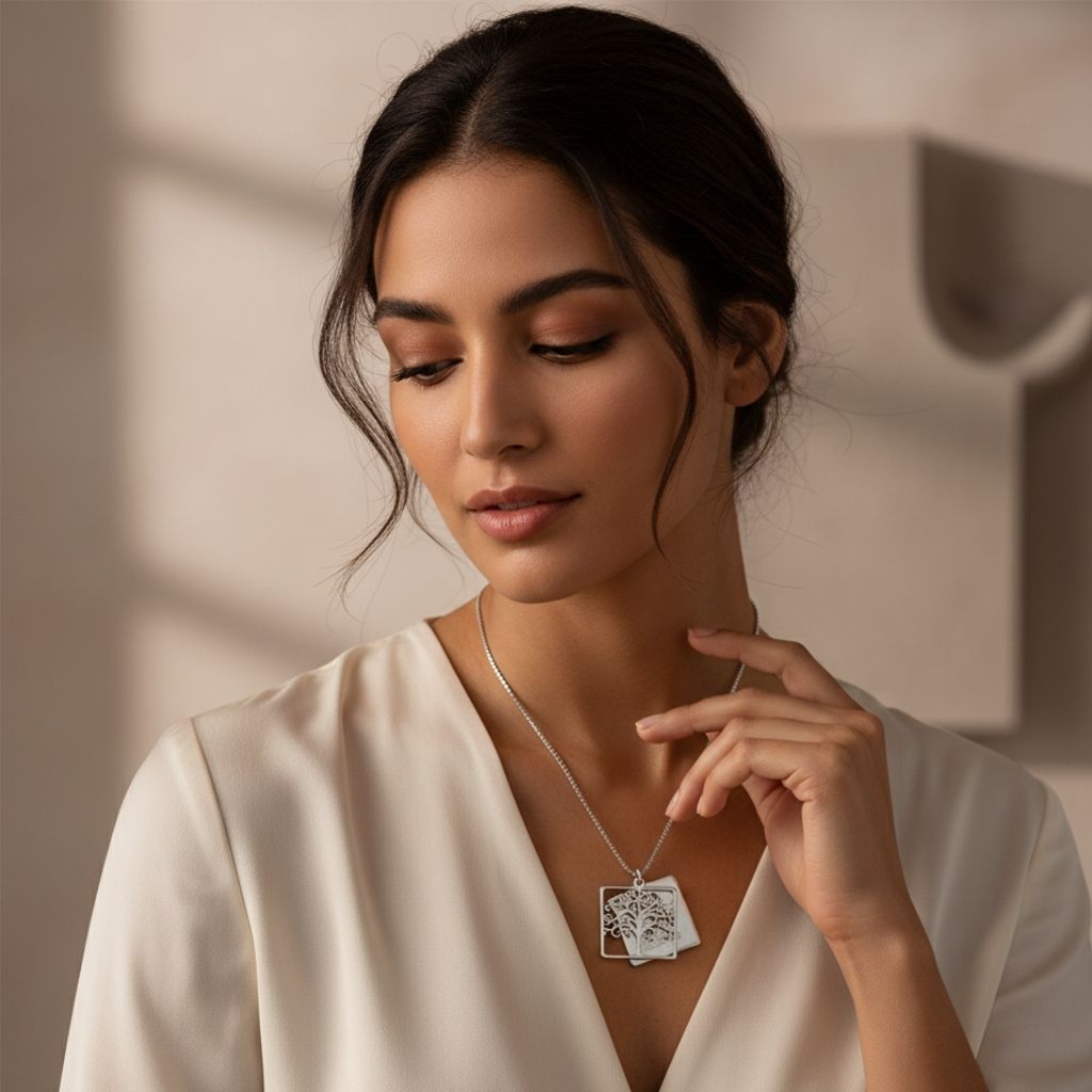 Woman wearing a necklace with a neutral background