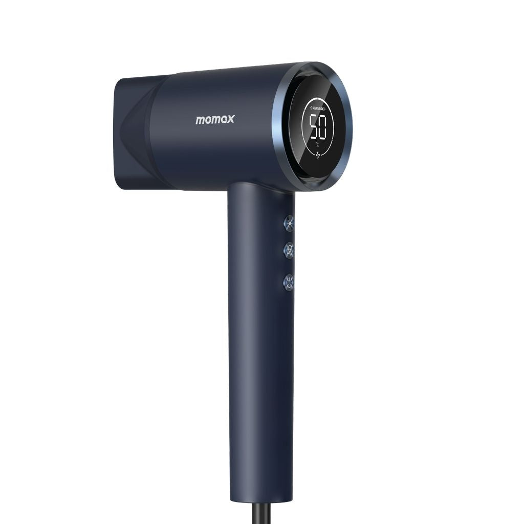 Blue hair dryer with digital display on a white background