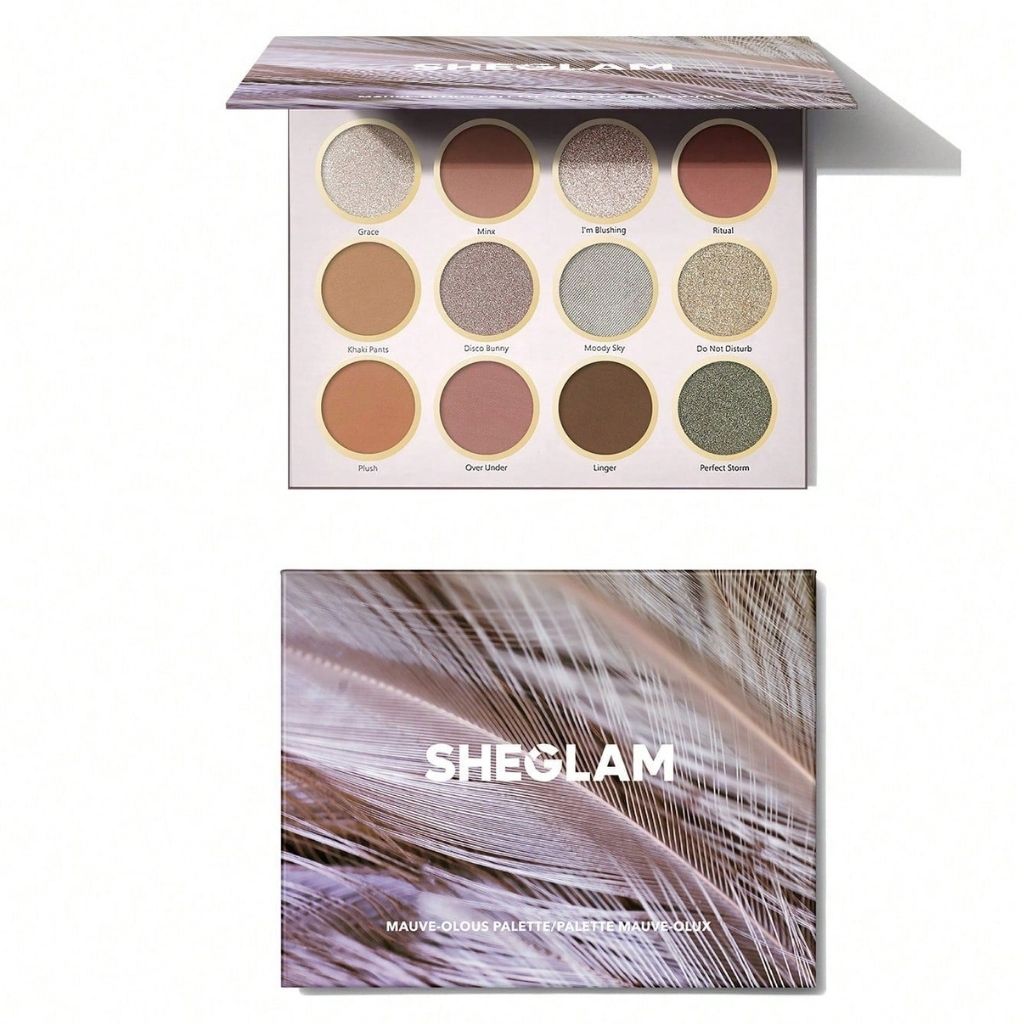 SHEGLAM mauve-glows palette packaging with feather design on a white background