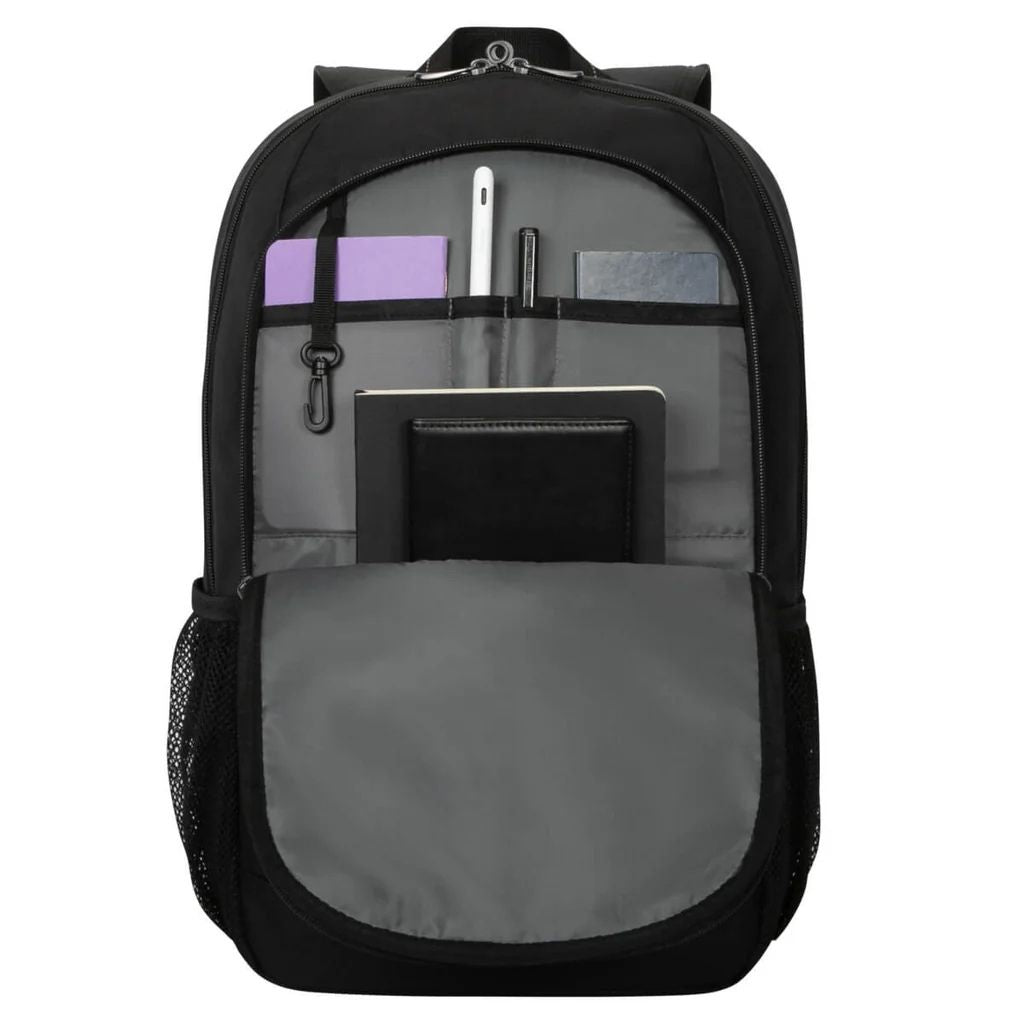 Black backpack with compartments and a tablet sleeve on a white background