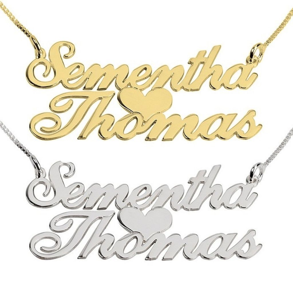 Gold and silver name necklaces with 'Sementha Thomas' on a white background