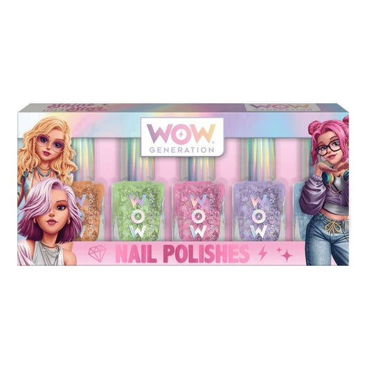 Box of WOW Generation nail polishes with cartoon characters on a white background