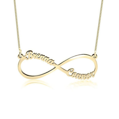 Gold infinity necklace with engraved names on a white background